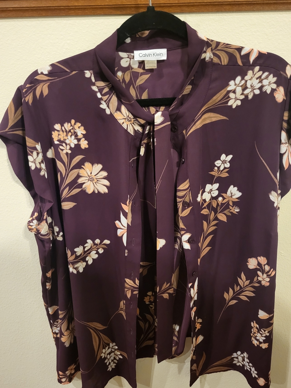 Calvin Klein Plum Floral Tie-Neck Blouse